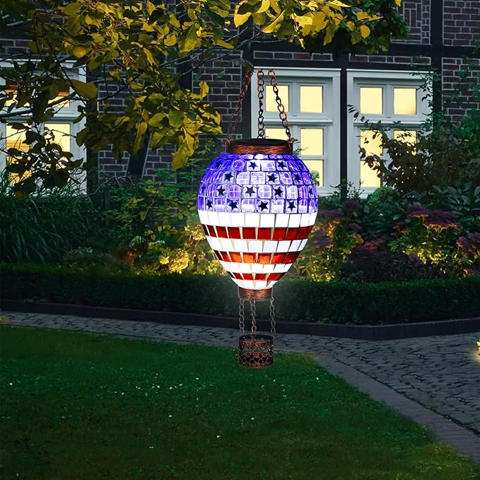 VOREEN American Flag Hot Air Balloon Solar Lantern, Handmade Mosaic Outdoor Hanging Wind Light, IP44 Waterproof, Patio Decorations, Gift for Mom Wife Friend, Patriotic Theme, 4th of July Decor