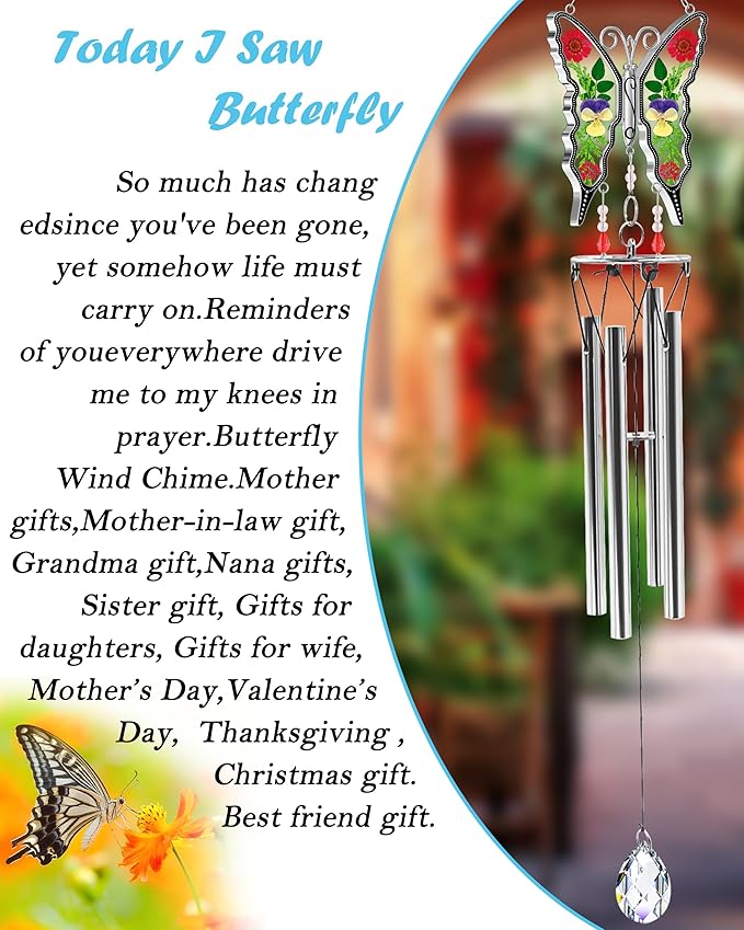 KY&BOSAM Butterfly Wind Chime for Outside with Crystal Sympathy Wind Spinner Wind Chimes Memory Memorial Wind Chime for Loss of Loved One Mother Father Condolence Gift Home Outdoor Garden Patio Decor