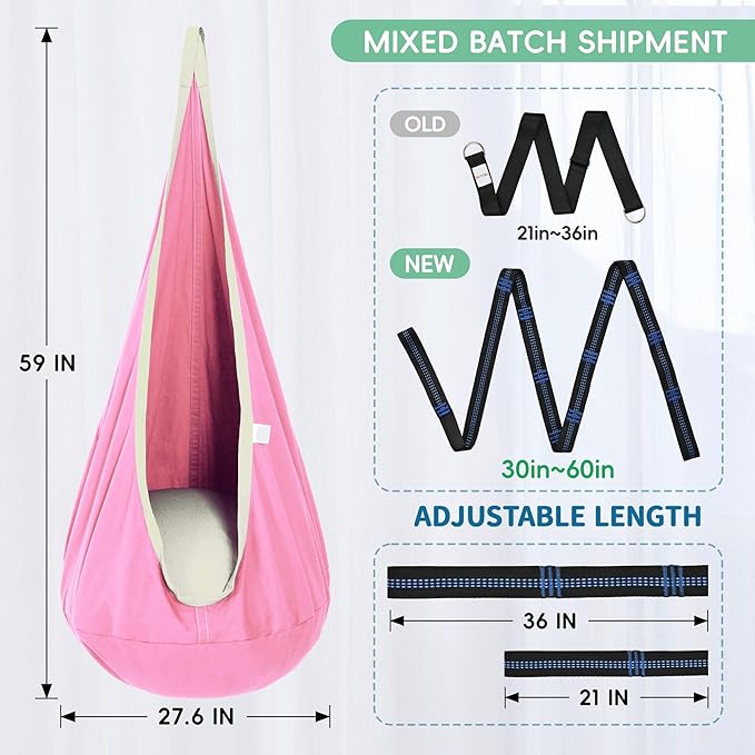 OUTREE Kids Pod Swing Seat, Cotton Child Hammock Swing Chair,Sensory Swing for Indoor and Outdoor Use, Pink