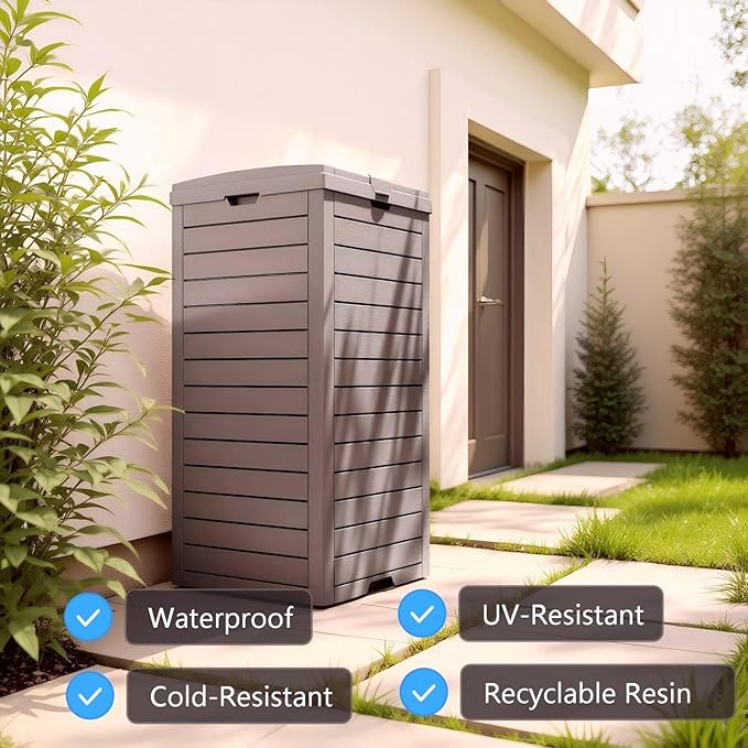 31 Gallon Resin Trash Can Cabinet with Lid & Drip Tray - Waterproof Outdoor Garbage Bin for Patio, Kitchen, Yard, and Entertaining Areas - Easy Assembly, No Tools Required