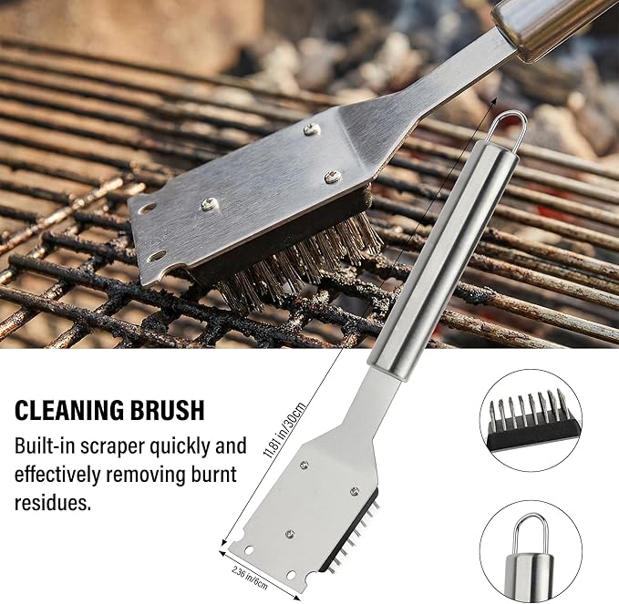 Yekale BBQ Grill Accessories Set, Grill Tools Grilling Accessories Grilling Gifts for Men - Spatula, Fork, Brush, Tongs & Cleaning Brush - Outdoor Barbecue Utensils Gifts for Men Dad Him (Sliver)