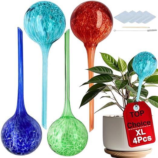 Premium Self Watering Globes, Set of 4 – XLarge 300 ml Automatic Hand-Blown Multicolored Glass Bulbs, Indoor/Outdoor Plant Waterer for Flower Pots & Garden Vacation Irrigation