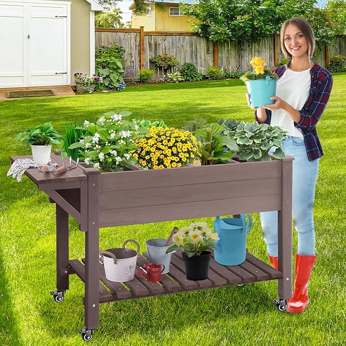 GUTINNEEN Elevated Wooden Planter Box with Locking Casters - 52.7" L x 22" W x 30" H Raised Garden Bed, Removable Liner & 230lb Weight Capacity for Outdoor Plants