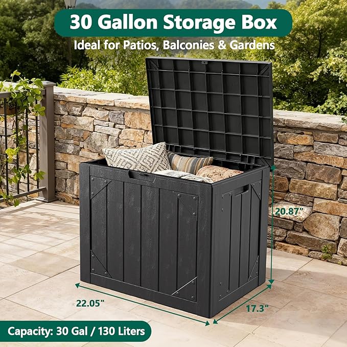 MAKE CHANGES Outdoor Storage Box,30 Gallon Deck Box Outdoor Storage Bench Outside Waterproof Resin Storage Bench, Lockable Patio Cushions, Garden Tools Storage For Furniture, UV Resistant(Black)