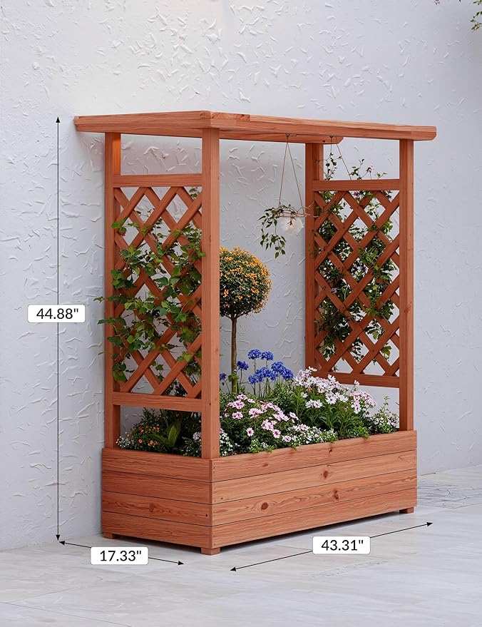 Raised Garden Bed with Trellis, Wood Planter Box with Hanging Roof & Drainage, Elevated Garden Bed for Climbing Plants, Vegetables, Flowers