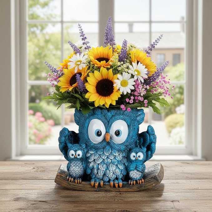 Swing Owl Hanging Planter for Indoor Outdoor Plants Decor Resin Hanging Owl Planter Pot with Rope, Cute Mother and Baby Design, Small Hanging Plant Holder for Garden, Patio, Balcony