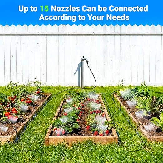 360° Adjustable Drip Irrigation System - 1/4" Tubing, 50FT Garden Watering Atomizing System with 15 Nozzles, Greenhouse Accessories for Yard, Lawn, Plants, Garden
