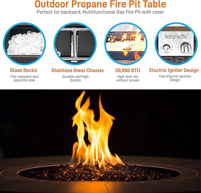 SereneLife Outdoor Propane Fire Pit Table - CSA Approved Safe 50,000BTU Auto-Ignition Propane Gas Fire Table - Rattan Panel, Glass Wind Guard, Black Tempered Glass Tabletop, Clear Glass Rock SLFPTL