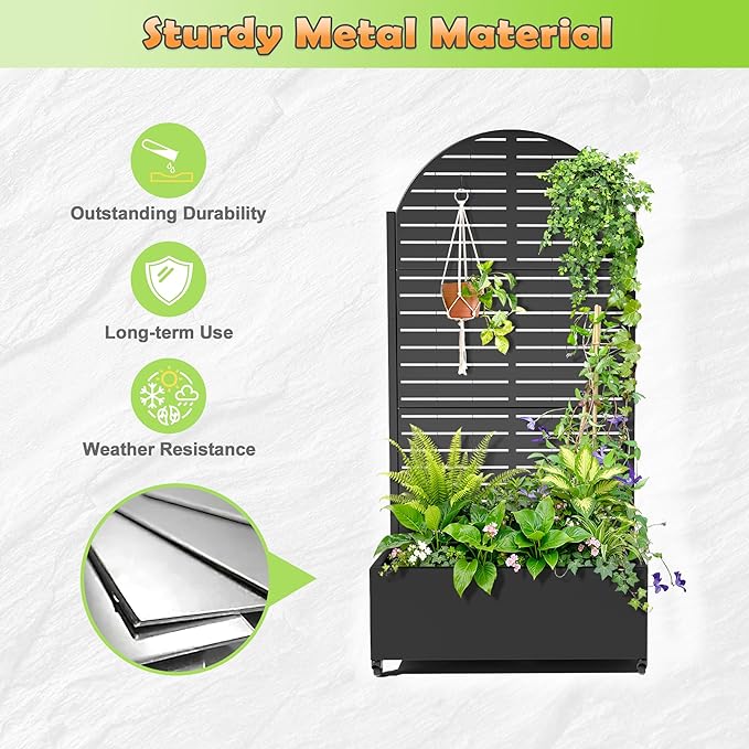Metal Raised Garden Bed with Trellis, 2-in-1 Planter Box & Privacy Screen for Climbing Plants, Outdoor Standing Flower Bed with Drainage Holes, 35.4" L x 15.7" W x 70.1" H, Black-Louvered