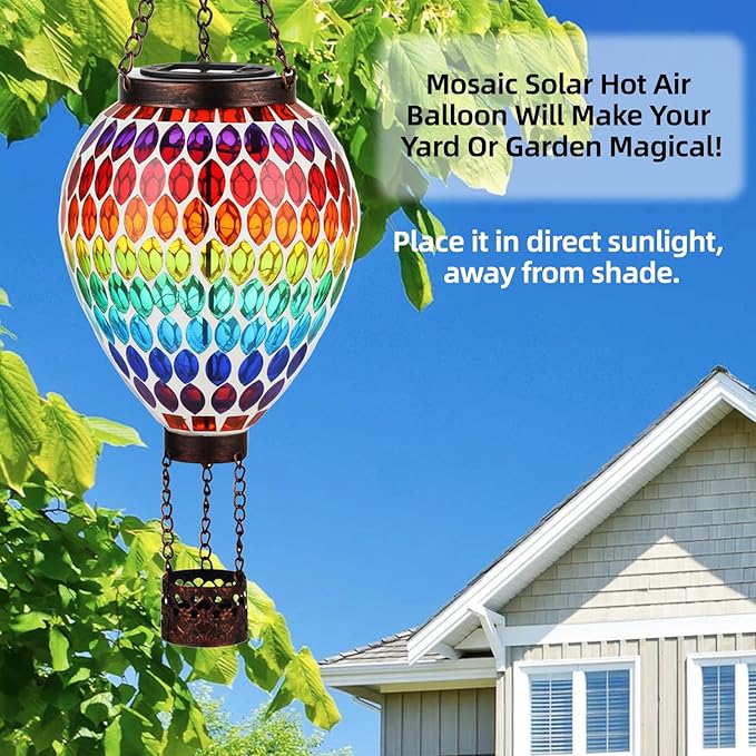 VOREEN Hot Air Balloon Solar Lantern, Handmade Mosaic Solar Outdoor Hanging Wind Light, Waterproof, Patio Festive Decor, Gift for Mom Wife Friend, Rainbow Pattern