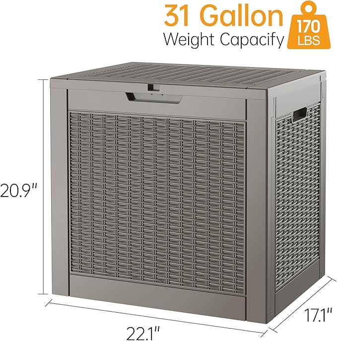 NBYSGO Outdoor Storage Box, Resin Deck Boxes Indoor and outdoor, Waterproof Storage Box Lockable Lid (Grey,31 Gallon)