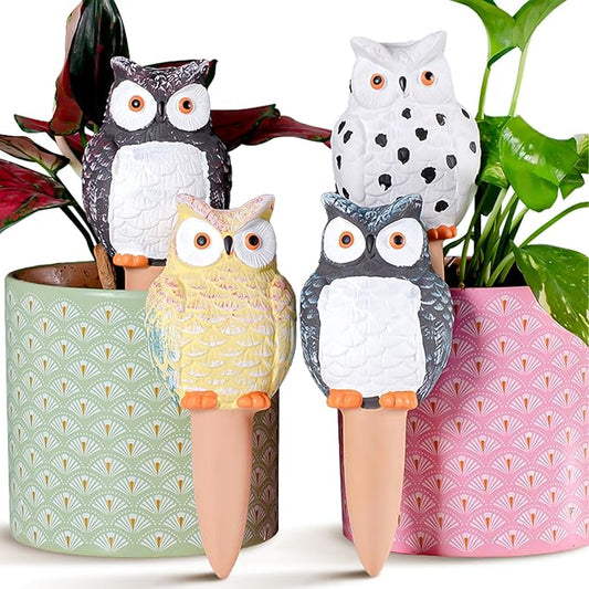 FirstGift 4 Pack Plant Self-Watering Stakes Terracotta Automatic Plant Waterer Devices Watering Globes Self-Watering Clay Planters Devices Perfect for Vacation Garden Plant Care (Small Owl)