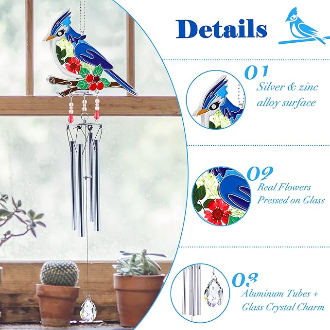 KY&BOSAM Blue Bird Wind Chime with Crystal Sympathy Wind Spinner Memorial Wind Chimes for Loss of Loved One Bereavement Gift in Memory Memorial Gifts for Loss of Mother Father Husband Condolences Gift