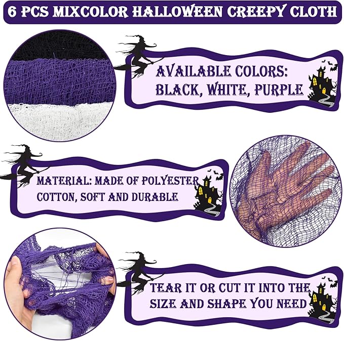ZeeDix 6 Pack Halloween Creepy Cloth 30 x 75 Inch Polyester Fabric Halloween Decoration Spooky Scary Gauze Cloth Creepy Cheesecloth for Party Supplies Home Wall Doorway(Black, White, Purple)