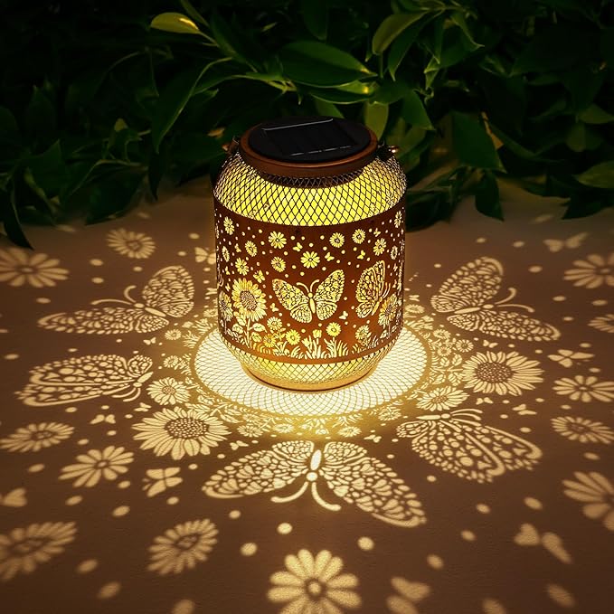 2 Pack Solar Lanterns Outdoor Waterproof Butterfly Garden Decor Birthday Gifts for Women Mom Grandma Hanging Solar Lights Metal Decoration Outside for Yard, Patio, Backyard, Porch, Pathway