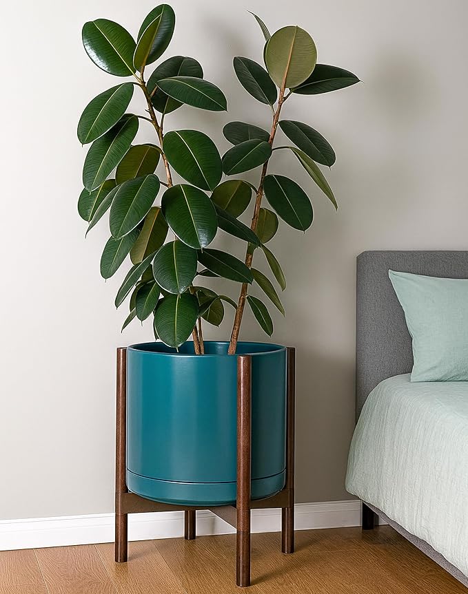 D'vine Dev Ceramic Planter with Walnut Color Stand - 14 Inch Modern Round Flower Pot with Wood Planter Holder, Teal, 55-B-T-4