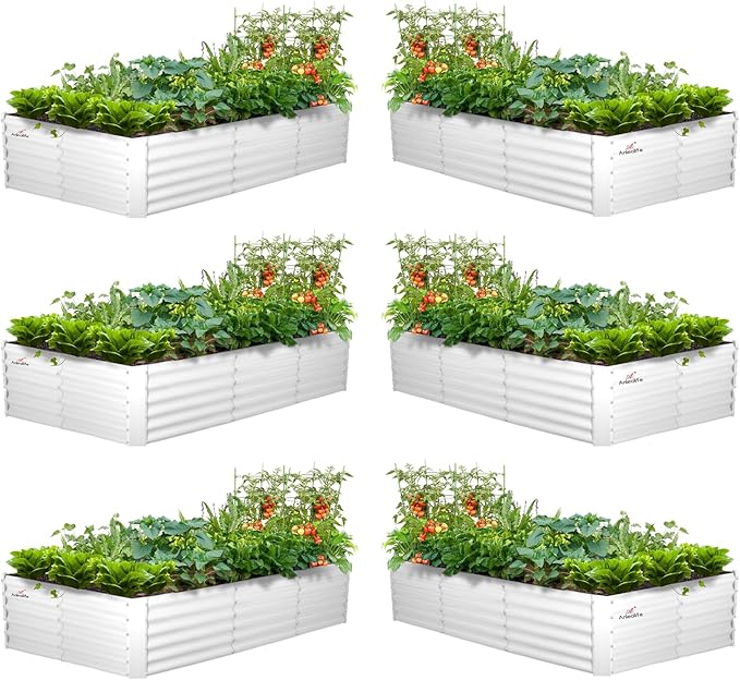 A ANLEOLIFE 6 Pcs 8X4X1.5 ft Rectangular Galvanized Raised Garden Beds Outdoor for Planting Vegetables Flowers Herb, Antique White