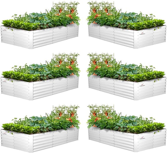 A ANLEOLIFE 6 Pcs 8X4X1.5 ft Rectangular Galvanized Raised Garden Beds Outdoor for Planting Vegetables Flowers Herb, Antique White