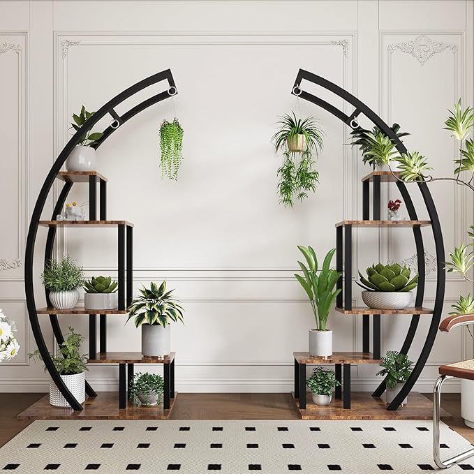 CABIHOME 5-Tier Tall Metal Indoor Plant Stand - Half-Moon Garden Plant Holder w/ 4 Hanging Hooks - Round Flower Shelf Rack for Home, Balcony, Living Room & Garden Decor