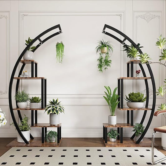 CABIHOME 5-Tier Tall Metal Indoor Plant Stand - Half-Moon Garden Plant Holder w/ 4 Hanging Hooks - Round Flower Shelf Rack for Home, Balcony, Living Room & Garden Decor