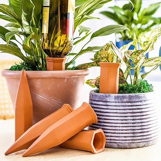 SagaSave Ceramic Plant Watering Devices 4 Pack Terracotta Vacation Plant Waterer Wine Bottle Watering Stakes Slow Release Plant Watering Spikes Perfect Self Watering Devices for Indoor Outdoor Plants