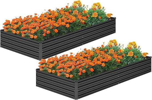 MGNO 2pcs 8x2x1FT Galvanized Raised Garden Bed-Outdoor Planter Box for Vegetables-Metal Garden Bed,Rectangle Planting Box for Herb,Flower,Black