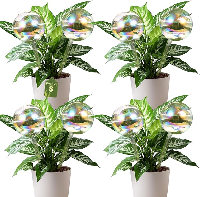 8 Pack Rainbow Glass Plant Watering Globes - Self Watering Planter Insert, Plant Watering Devices for Water Plants While Away, Indoor Outdoor Automatic Slow-Release Watering Bulbs