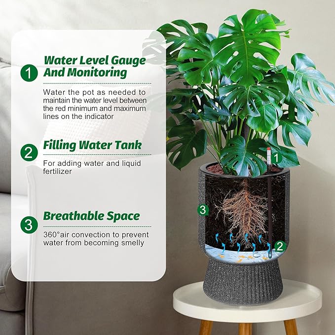 14.2" Tall Planters Set of 2, Large Indoor/Outdoor Self-Watering Plant Pots with Drainage, Water Level Monitor & Wheels, Flower Pots for Patio, Porch, Living Room, Home Office