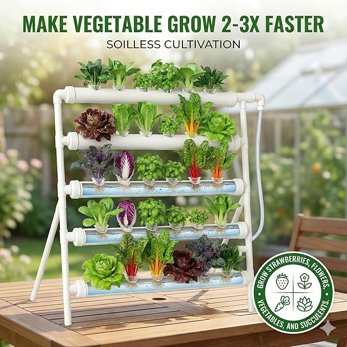 Hydroponic Plant Growing System with Water Pump & Sponges -36 Plant Sites 4 Food Grade PVC Hydroponics Kit! Indoor & Outdoor Planting Growing Stand for Vegetables, Herbs & Leafy Greens 42 inch