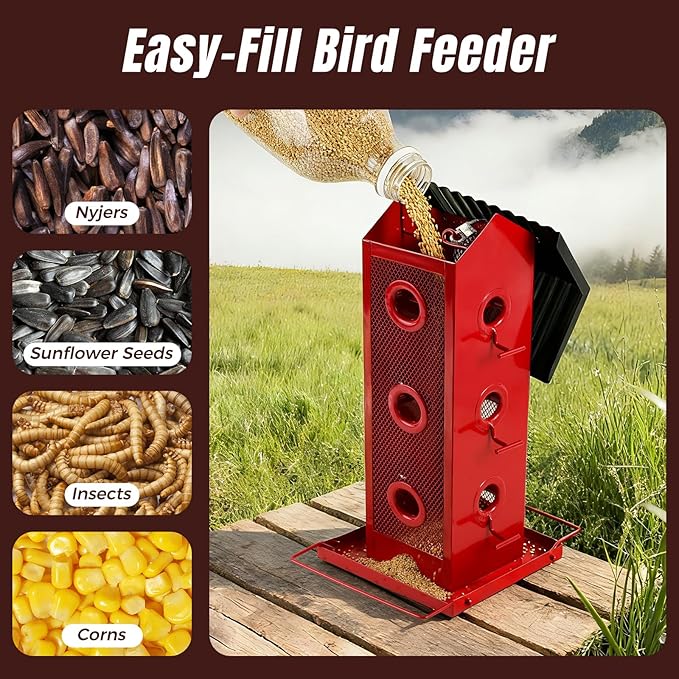 All Metal Bird Feeder for Outdoors Hanging | 14-Port Multi-Bird Viewing | Rust-Proof, Waterproof & Easy-Clean | Attracts Cardinals, Finches, Chickadees & More (Elegant Red & Black)
