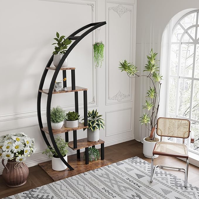 CABIHOME 5-Tier Tall Metal Indoor Plant Stand - Half-Moon Garden Plant Holder w/ 4 Hanging Hooks - Round Flower Shelf Rack for Home, Balcony, Living Room & Garden Decor