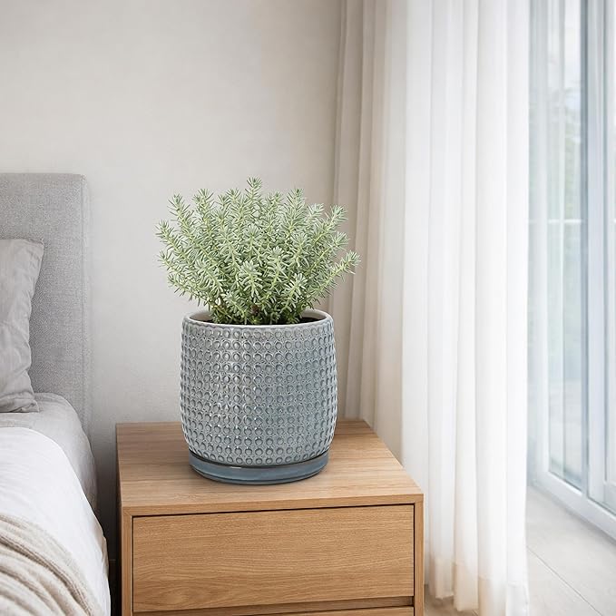 D'vine Dev 8 Inch Ceramic Beaded Stoneware Planter Pot - Flower Pot with Drainage Holes and Saucers for Indoor Succulent Plants or Flowers, Graphite Blue, 27-C-Q-9