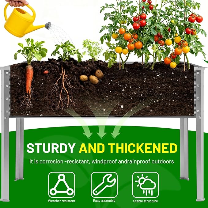 Land Guard 2 Pack Galvanized Raised Garden Bed with Legs & Wheels, 36×12×32in Metal Elevated Raised Planter Box for Backyard, Patio, Balcony, 300lb Capacity, Silver