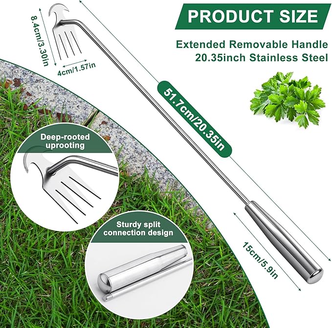 Weed Removal Tool, 2025 New Garden Weeding Tools Manganese Steel Hand Weeder Tool with Handle, 4 Teethes Dual Purpose Manual Weeders Tool Weed Pulling Tool for Garden19.6inch