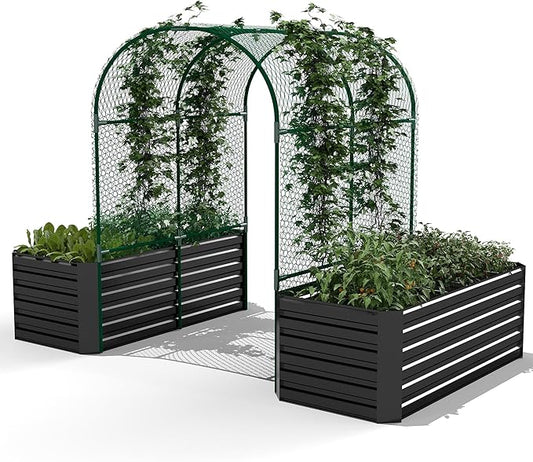 Raised Garden Bed with Arch Trellis for Climbing Plants,Galvanized Raised Garden Bed,Planter Boxes Outdoor for Vegetables Flowers Herb,269 Gallon Capacity Black