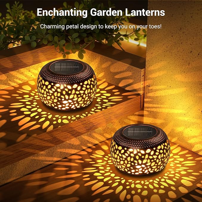 Solar Lanterns Outdoor Waterproof: 2 Pack Hollow Out Retro Metal Solar Lights - Decorative Atmosphere Table Lantern - Gifts for Women Mother's Day Garden Yard Patio Outside & Indoor Tabletop Decor