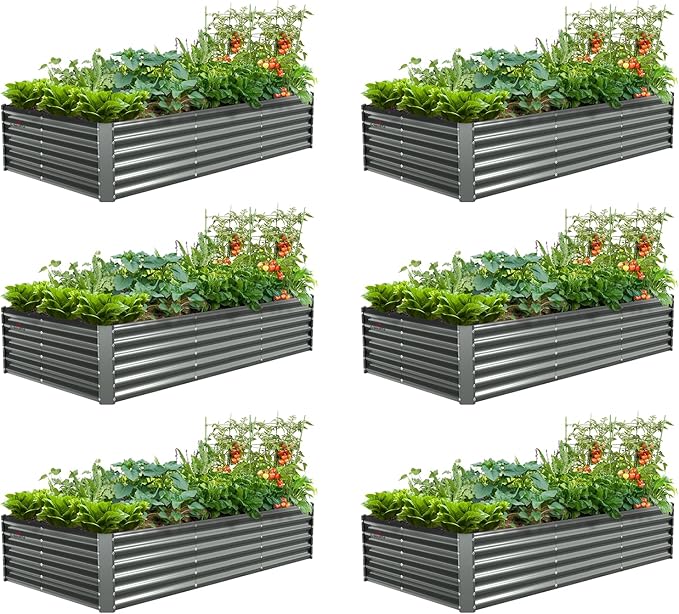 A ANLEOLIFE 6 Pcs 8X4X1.5 ft Rectangular Galvanized Raised Garden Beds Outdoor for Planting Vegetables Flowers Herb, Quartz Grey