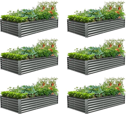 A ANLEOLIFE 6 Pcs 8X4X1.5 ft Rectangular Galvanized Raised Garden Beds Outdoor for Planting Vegetables Flowers Herb, Quartz Grey