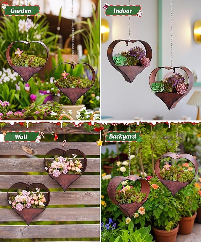 Metal Plant Hangers Indoor and Outdoor: Valentines Day Gifts for Her Wife Women Mom Garden Lovers Birthday - Heart Shape Hanging Planters for Window Wall Living Room Office Decor(2 Pack)