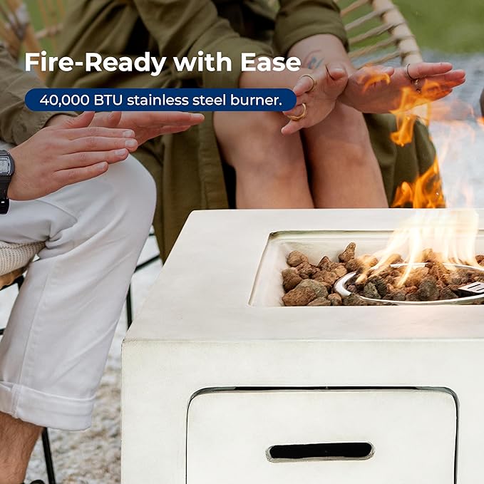 SereneLife 40,000 BTU Propane Fire Pit Table, Square Outdoor Propane Fire Pit with Stainless Steel Burner, Adjustable Flame, Weather-Resistant Design, ETL Certified with Cover, 30 x 30 x 23.6 Inches