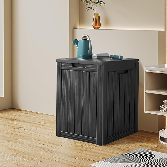 Mersco 28 Gallon Double-Wall Resin Deck Box - Lockable Waterproof Outdoor Storage Box, 151lbs Capacity & Doubles as Seating for Patio Furniture - Garden Tools, Pool Accessories （Black）