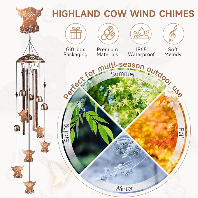 Highland Cow Wind Chimes for Outside,41" Metal Windchimes, Housewarming/Halloween/Festival/Birthday/Anniversary Highland Cow Gifts for Women/Men, Cow Decorations for Outside, Patio or Yard, Garden