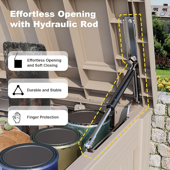 180Gallon Waterproof Outdoor Storage Box, UV Resistant Resin Deck Box with Hydraulic Rod for Reinforced Stability, Perfect for Patio, Garden, and Pool, Striped Beige