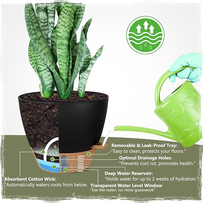 Self-Watering Pots for Indoor Plants 4 Pack, 6/8/10/12 Inch Outdoor Planters with Water Level Indicator&Deep Reservoir, Decorative Flower Pots for Indoor Plants,Home Decor (Black, 12+10+8+6 inch)