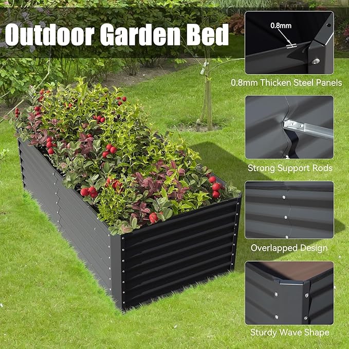 Domi 6×3×1.5 ft Galvanized Raised Garden Bed, Outdoor Planter Garden Boxes Large Metal Planter Box for Gardening Vegetables Fruits Flowers, Grey