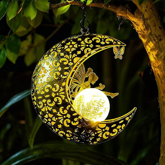 Solar Garden Fairy Statues Decor Hanging Lights,Outdoor Moon Decorations Metal Yard Art,Housewarming for Patio,Wall,Fences,Trail,Great Gift Idea for Gardening Mom and Grandma