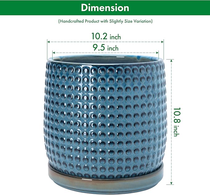 D'vine Dev 10 Inch Ceramic Beaded Stoneware Planter Pot - Flower Pot with Drainage Holes and Saucers for Indoor Succulent Plants or Flowers, Ocean Teal, 27-C-P-8