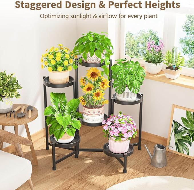 LASZOLA 6 Tiered Folding Tall Plant Stand Indoor for Multiple Large Planter, Heavy Duty Metal Adjustable Flower Rack for Narrow Corner, Sturdy Vertical Spiral Shelving Holder for Modern House, Black