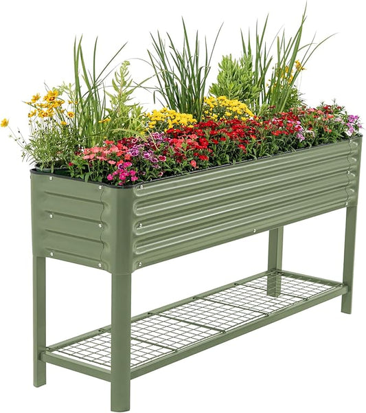 Elevated Raised Garden Bed- Slim Series, 1.5' x 5.5' Outdoor Planters Boxes with Legs & Storage Rack for Patio, 750 Lbs Weight Capacity, Raised Beds for Gardening Herbs Vegetables Flowers, Olive Green