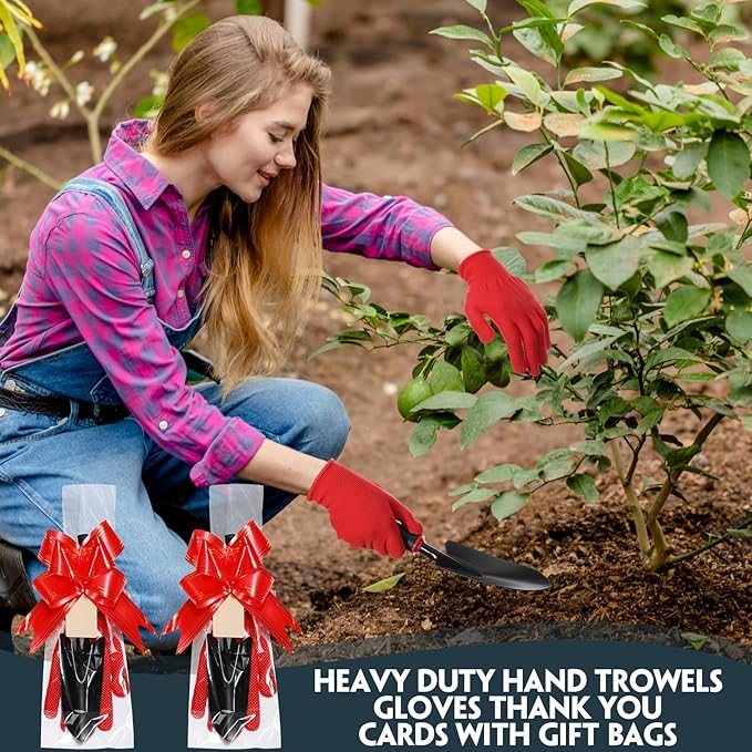 Therwen 12 Pcs Christmas Shovel Gloves Gifts Set with Bag Bow Tie Blank Tags Heavy Duty Garden Hand Shovel Anti-Slip Dots Gloves for Yard Lawn Farm Planting Tool Christmas Spring Planting Lover Gifts